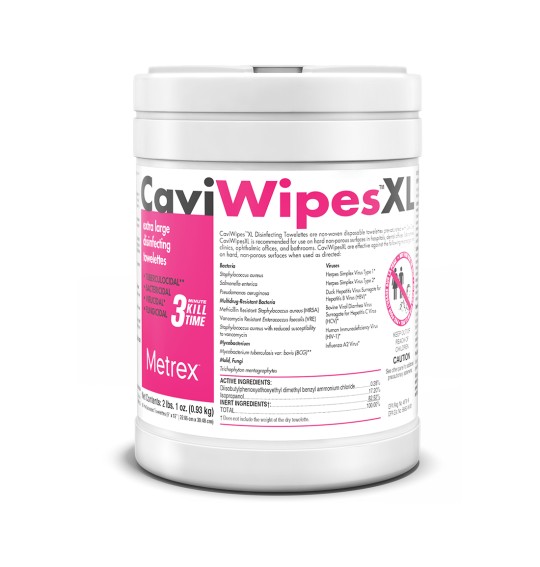Cloth Towelettes Disinfectant CaviWipes™ XL (9'x12'), Kills TB in 3 Minutes & MRSA, HIV-1, and HCV in 2 Minutes, Impregnanted with CaviCide Solution NonSterile in Canister (65/TB) (780/CS) by Metrex Research Corporation  ID 13-1150